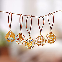Handcrafted ornaments, 'Magical Celebration' (set of 5) - Set of 5 Handcrafted Gold-Toned Holiday Ornaments from Bali