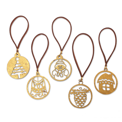 Handgefertigte Ornamente, (5er-Set) - Set mit 5 handgefertigten goldfarbenen Weihnachtsornamenten aus Bali