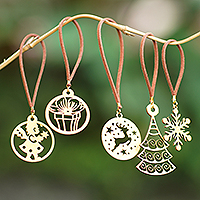 Handcrafted ornaments, 'Christmas Feelings' (set of 5) - Set of 5 Handcrafted Gold-Toned Christmas Ornaments