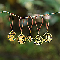 Handcrafted ornaments, 'Magical Eve' (set of 5) - Set of 5 Handcrafted Gold-Toned Ornaments from Bali
