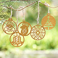 Handcrafted ornaments, 'Holiday Dreams' (set of 5) - Christmas Ornaments with Natura Fiber Cords (Set of 5)