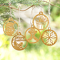 Handcrafted ornaments, 'Cute Celebration' (set of 5) - Gold-Toned Ornaments with Natura Fiber Cords (Set of 5)