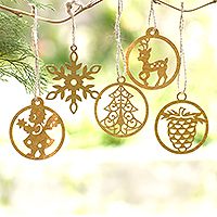 Handcrafted ornaments, 'Merry Tradition' (set of 5) - Set of 5 Handmade Holiday Ornaments in a Gold Tone