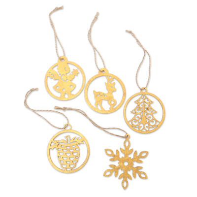 Handcrafted ornaments, 'Merry Tradition' (set of 5) - Set of 5 Handmade Holiday Ornaments in a Gold Tone