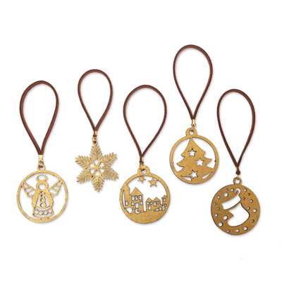 Handcrafted ornaments, 'Magical Christmas' (set of 5) - Handcrafted Gold-Toned Ornaments from Bali (Set of 5)