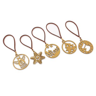 Handcrafted ornaments, 'Magical Christmas' (set of 5) - Handcrafted Gold-Toned Ornaments from Bali (Set of 5)
