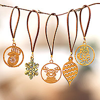 Handcrafted ornaments, 'Merry Magic' (set of 5) - Handcrafted Gold-Toned Christmas Ornaments (Set of 5)