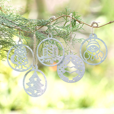 Handcrafted ornaments, 'Christmas Memories' (set of 5) - Set of 5 Handcrafted Silver-Toned Christmas Ornaments