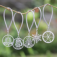 Handcrafted ornaments, 'Magical Eve' (set of 5) - Set of 5 Handmade Silver-Toned Christmas Ornaments
