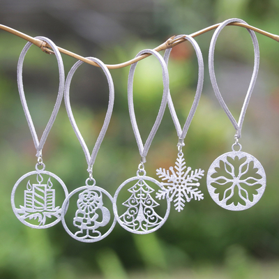 Handcrafted ornaments, 'Magical Eve' (set of 5) - Set of 5 Handmade Silver-Toned Christmas Ornaments