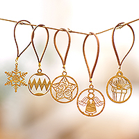 Handcrafted ornaments, 'Joyful Magic' (set of 5) - Handmade Holiday Gold-Toned Cardboard Ornaments (Set of 5)
