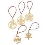 Handcrafted ornaments, 'Joyful Magic' (set of 5) - Handmade Holiday Gold-Toned Cardboard Ornaments (Set of 5)