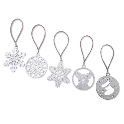 Handcrafted ornaments, 'Merry Eve' (set of 5) - Set of 5 Handmade Silver-Toned Holiday Ornaments