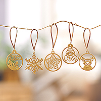 Handcrafted ornaments, 'Christmas Emotions' (set of 5) - Handmade Christmas Gold-Toned Cardboard Ornaments (Set of 5)