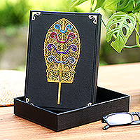 Linen paper decorative box, 'Kayonan of Bali' - Black Linen Paper Decorative Box with Traditional Pattern