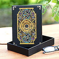 Linen paper decorative box, 'Blooming Reflection' - Black Linen Paper Decorative Box with Floral Pattern