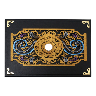 Linen paper decorative box, 'Blooming Reflection' - Black Linen Paper Decorative Box with Floral Pattern
