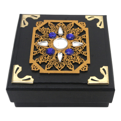 Caja decorativa de papel de lino. - Caja Decorativa Tradicional Negra con Cuentas Azules y Espejos