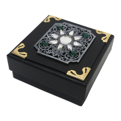 Linen paper decorative box, 'Green Twilight' - Black Decorative Box with Traditional Beaded Pattern