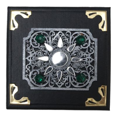 Linen paper decorative box, 'Green Twilight' - Black Decorative Box with Traditional Beaded Pattern