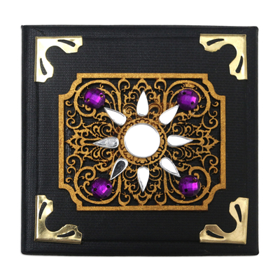 Linen paper decorative box, 'Purple Dawn' - Decorative Box with Traditional Pattern and Purple Beads