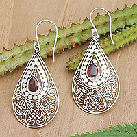 Garnet dangle earrings, 'Crimson Feelings' - Natural Garnet and Sterling Silver Dangle Earrings from Bali