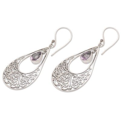 Amethyst dangle earrings, 'Ethereal Wisdom' - Polished Amethyst and Sterling Silver Dangle Earrings