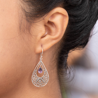 Amethyst dangle earrings, 'Ethereal Wisdom' - Polished Amethyst and Sterling Silver Dangle Earrings