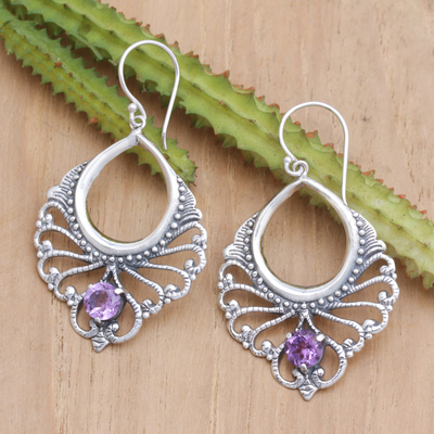Amethyst dangle earrings, 'Wise Spirit' - Sterling Silver Dangle Earrings with Faceted Amethyst Gems