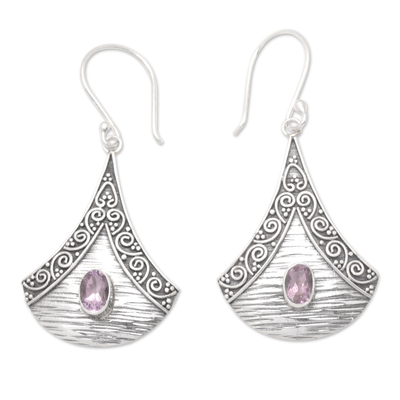 Amethyst dangle earrings, 'Blade of Wisdom' - Amethyst and Sterling Silver Dangle Earrings from Bali
