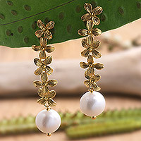 Gold-plated cultured pearl dangle earrings, 'Ashoka's Beauty' - Floral 18k Gold-Plated Dangle Earrings with White Pearls