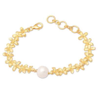 Gold-plated cultured pearl pendant bracelet, 'Ashoka's Beauty' - Floral 18k Gold-Plated Pendant Bracelet with White Pearl