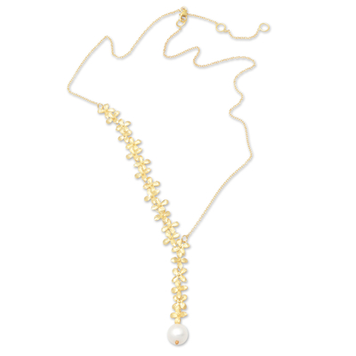 Collar en Y de perlas cultivadas bañadas en oro - Collar en Y floral chapado en oro de 18k con perla cultivada blanca