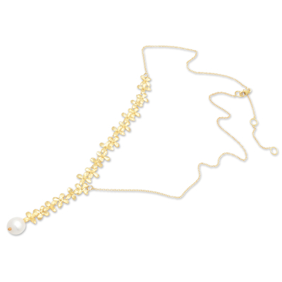 Gold-plated cultured pearl Y-necklace, 'Ashoka's Beauty' - Floral 18k Gold-Plated Y-Necklace with White Cultured Pearl