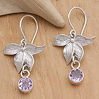 Amethyst dangle earrings, 'Purple Blooming' - Sterling silver Floral Dangle Earrings with Amethyst Gems