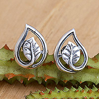 Sterling silver button earrings, 'Forest Shine' - Sterling Silver Button Earrings with Polished Leafy Design
