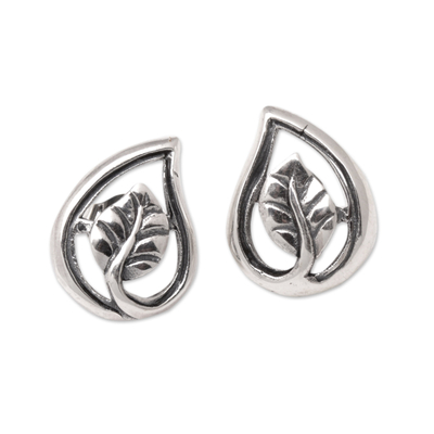 Sterling silver button earrings, 'Forest Shine' - Sterling Silver Button Earrings with Polished Leafy Design