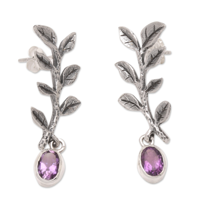 Amethyst dangle earrings, 'Olive Leaf' - Olive Leaf Silver Dangle Earrings with Amethyst Stone