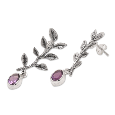 Amethyst dangle earrings, 'Olive Leaf' - Olive Leaf Silver Dangle Earrings with Amethyst Stone