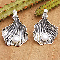 Pendientes colgantes de perlas cultivadas, 'Marine Secret' - Pendientes colgantes de concha marina de plata de ley con perlas cultivadas