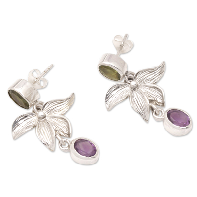 Peridot and amethyst dangle earrings, 'Fortune Purple' - Floral Dangle Earrings with Faceted Peridot and Amethyst