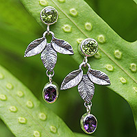 Peridot and amethyst dangle earrings, 'Forest Nobility' - Sterling Silver Dangle Earrings with Peridot and Amethyst