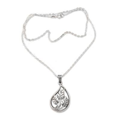 Collar colgante de plata esterlina - Collar con colgante de plata de ley con diseño de hojas pulidas