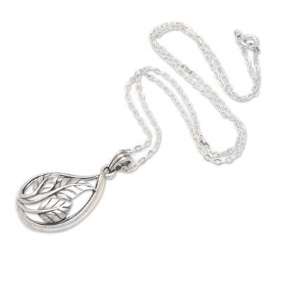 Collar colgante de plata esterlina - Collar con colgante de plata de ley con diseño de hojas pulidas