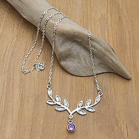 Amethyst pendant necklace, 'Purple Victory' - Olive Pendant Necklace with Faceted 4-Carat Amethyst Gem
