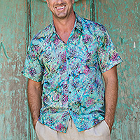 Men's cotton batik shirt, 'Ocean Majesty'