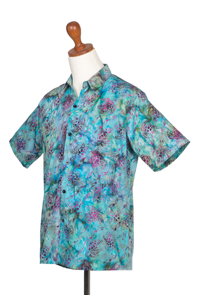 Camisa batik de algodón para hombre - Camisa batik de algodón con diseño de tortuga para hombre, hecha a mano en Bali