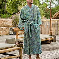 Men's hand-stamped rayon robe, 'Marine Grandeur' - Men's Handcrafted Soft Rayon Robe in Blue and Brown Hues
