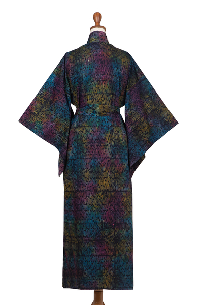 Hand-stamped cotton robe, 'Rainbow Paths' - Hand-Stamped Rainbow Cotton Robe with Matching Belt