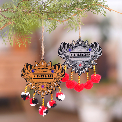 Beaded ornaments, 'Magical Balinese Glory' (set of 2) - Set of 2 Golden and Silver Christmas Beaded Ornaments